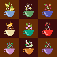 Cups With Tea Set Berries, Lemon, Mint, Vanilla and More