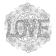 Hand drawn monochrome letters LOVE text and mandala with butterflies