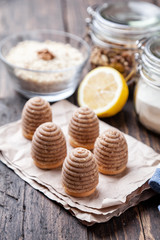 Traditional bee nest cake on wooden background