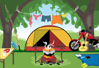 Camping day celebration with a tent in the middle of wild nature. Digital vector image