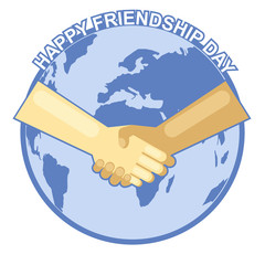 Happy friendship day card. 4 August. Best friends, two shaking hands symbol over map of world backdrop. Digital vector image