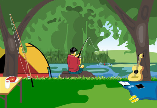 Camping day celebration, river fishing with a tent in the middle of wild nature. Digital vector image