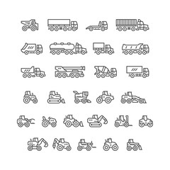 Set line icons of trucks and tractors