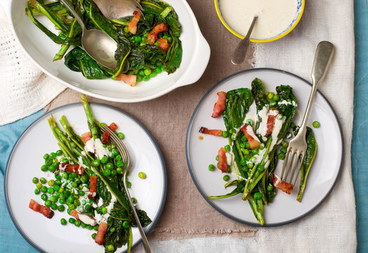 Baked Salad , Green Peas, Bacon And Mayonnaise