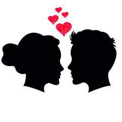 Man and woman face silhouette on white background.