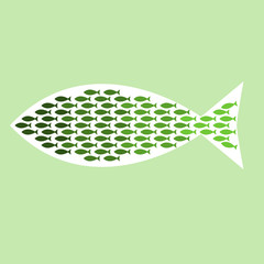 School of fish in shape of a big fish. Isolated vector illustration.