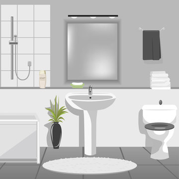 Modern bathroom interior with sink, bathtub, toilet