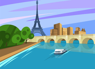 Paris landscape with Eiffel Tower from Seine 