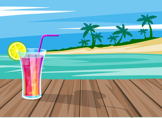 Refreshing summer drink with lemon on the wooden bridge