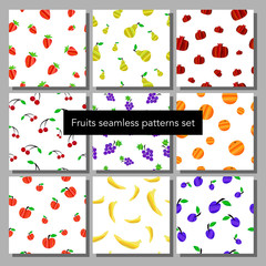 Set of colorful different fruits seamless patters vector illustration. Brush strokes style. Background, textile, texture, backdrop
