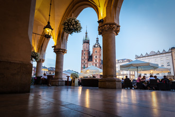 View from the Cloth Hall to the Cracow main market square and St. Mary's Basilica