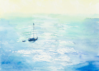 Plakaty  Boat at the sea. Watercolor hand drawn illustration.
