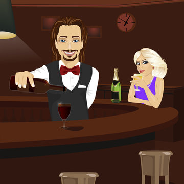 Young bartender pouring red wine into glass while beautiful blonde looking at him holding glass of champagne