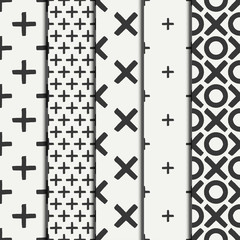 Set of hand drawn geometric seamless ink pattern brush strokes. Wrapping paper. Abstract vector background. Round brush strokes. Texture with crosses or pluses. Dry brush. Rough edges illustration.