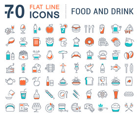 Set Vector Flat Line Icons Drinks and Food