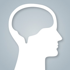 Menschliches Gesicht im Profil mit Gehirn – quadratisch, weiß auf blaugrau, Vektor