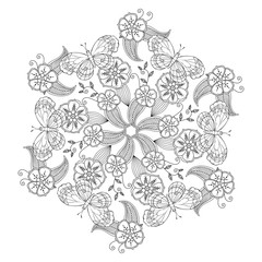 Fototapeta premium Mendie Mandala with butterflies, flowers and leaves. Zenart inspired.