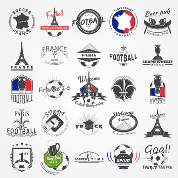 Football Championship set. Soccer time. Detailed elements. Old retro vintage grunge. Scratched, damaged, dirty effect. Typographic labels, stickers, logos and badges.