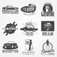 Auto service set. Rent a Car. Garage auto. Detailed elements. Typographic labels, stickers, logos and badges.