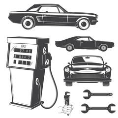 Auto service set. Rent a Car. Garage auto. Detailed elements. Typographic labels, stickers, logos and badges.