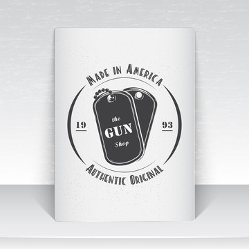 American gun shop. Firearms store. Hunting gun. Detailed elements. Scratched, damaged, dirty effect. Typographic labels, stickers, logos and badges. Sheet of white paper.