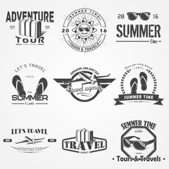 Summer time set. Tourist agency. Travel around the world. Detailed elements. Typographic labels, stickers, logos and badges.