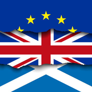 Torn Flag Of EU Over Flag Of UK And Scotland, BREXIT Vector Illustration