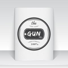 American gun shop. Firearms store. Hunting gun. Detailed elements. Typographic labels, stickers, logos and badges. Sheet of white paper.