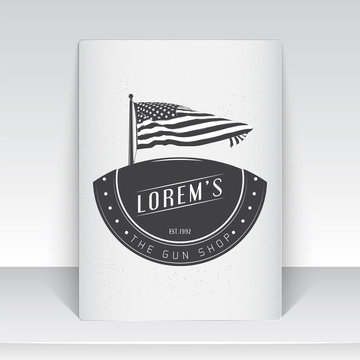 American gun shop. Firearms store. Hunting gun. Detailed elements. Typographic labels, stickers, logos and badges. Sheet of white paper.