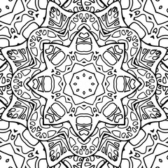 Seamless black and white texture stained glass. Template for coloring book. Doodle circular pattern