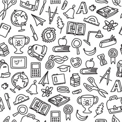Freehand drawing school pattern seamless doodle. Vector illustration. Set