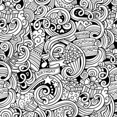 Cartoon hand-drawn doodles birthday theme seamless pattern