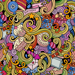 Cartoon hand-drawn doodles birthday seamless pattern