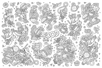 Line art vector hand drawn doodles cartoon set of food objects