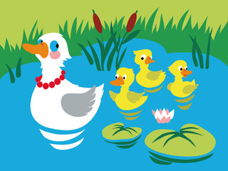 Obraz na płótnie Canvas Mother duck with three baby ducks in the pond.