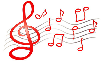  funny hand drawn music notes, treble clef, isolated red sketch on white