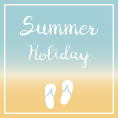 Summer Holiday vacation. Blue, yellow and white beach with flip flops