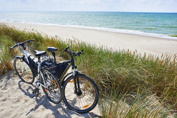 Bicycles tourists travel in nature on sunny day