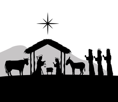Merry Christmas and holy family concept represented by joseph, maria and jesus icon. Silhouette and flat illustration.