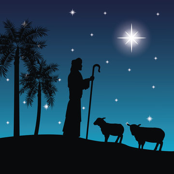 Merry Christmas and holy family concept represented by the shepherd and his sheeps icon. Silhouette and flat illustration.