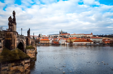 Old Town ancient architecture and river pier in Prague, Czech Re