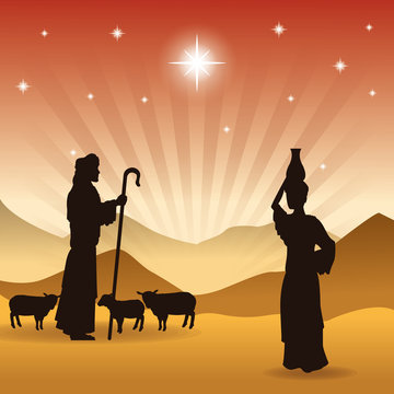 Merry Christmas and holy family concept represented by the shepherd and his sheeps icon. Silhouette and flat illustration.
