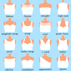 Wedding dress necklines. Vector illustration.