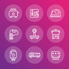 Appliances, consumer electronics line icons, toaster, coffee machine, blender, iron, scales, steamer, boiler, projector, air conditioner, vector illustration