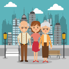 Family cartoon concept represented by grandparents and girl icon over city landscape.  Colorfull illustration