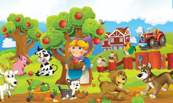 Cartoon happy and funny colorful farm scene - illustration for children