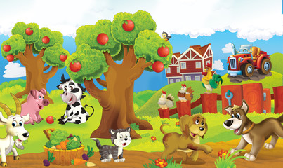 Obraz na płótnie Canvas Cartoon happy and funny colorful farm scene - animals on the stage - illustration for children