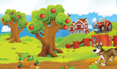 Cartoon happy and funny colorful farm scene - with dog on the stage - illustration for children
