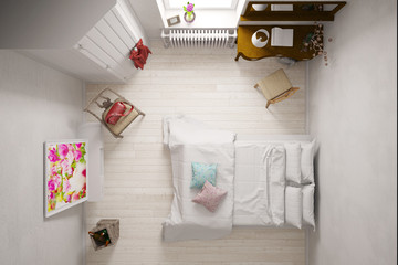 Schlafzimmer mit Doppelbett von oben