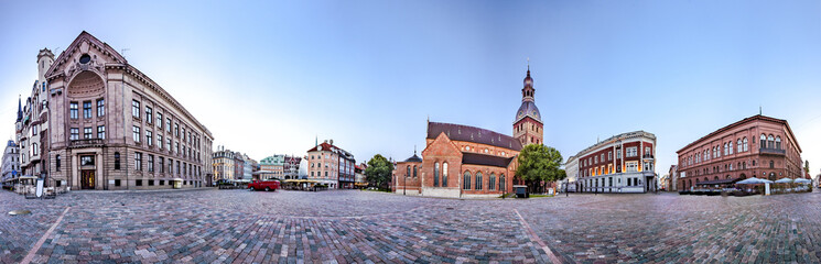 360 degree panoramic Skyline view of Riga old town Dome Square During Dawn time. Montage from 47 HDR images